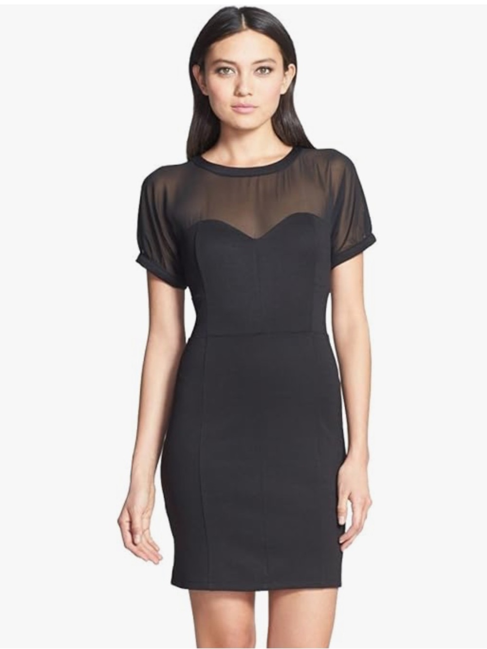 Robbi & Nikki Sheer Yoke Short Sleeve Black Mini Sheath Dress L